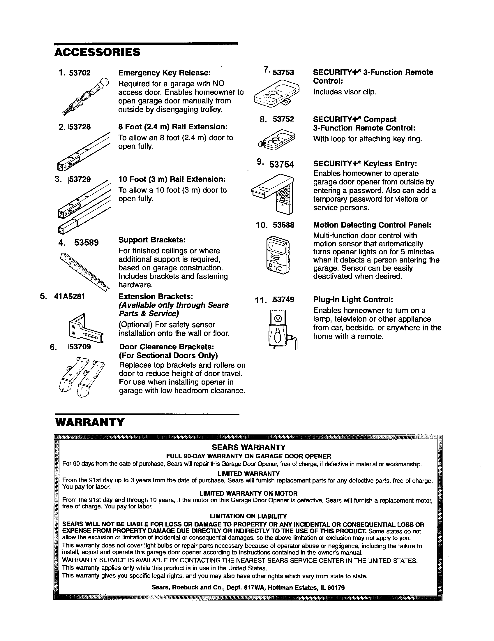 Accessories And Warranty Diagram and Parts List for 13953919D  Craftsman Garage Door Opener