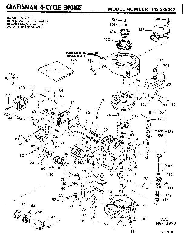 Replacement Parts Diagram and Parts List for 143335042  Craftsman Engine