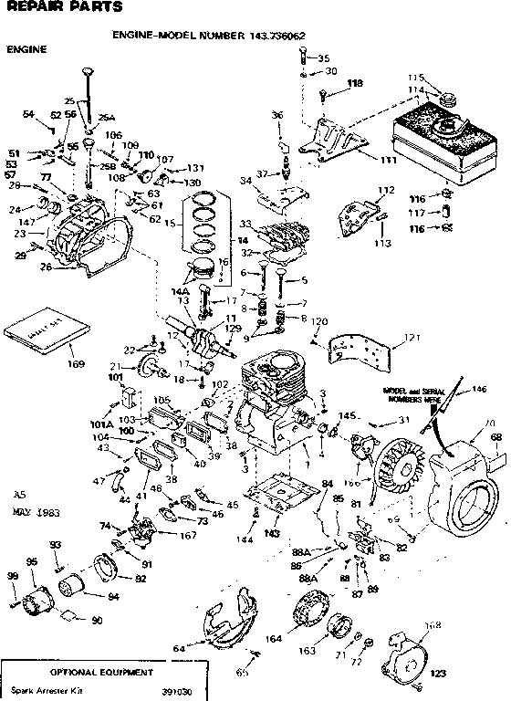Replacement Parts Diagram and Parts List for 143736062  Craftsman Engine