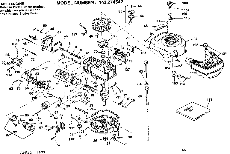 Replacement Parts Diagram and Parts List for 143274542  Craftsman Engine