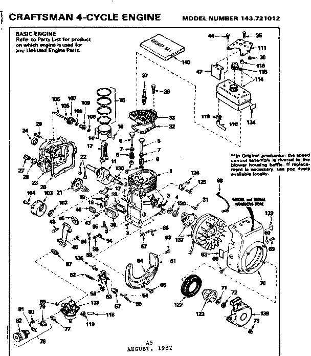 Replacement Parts Diagram and Parts List for 143721012  Craftsman Engine