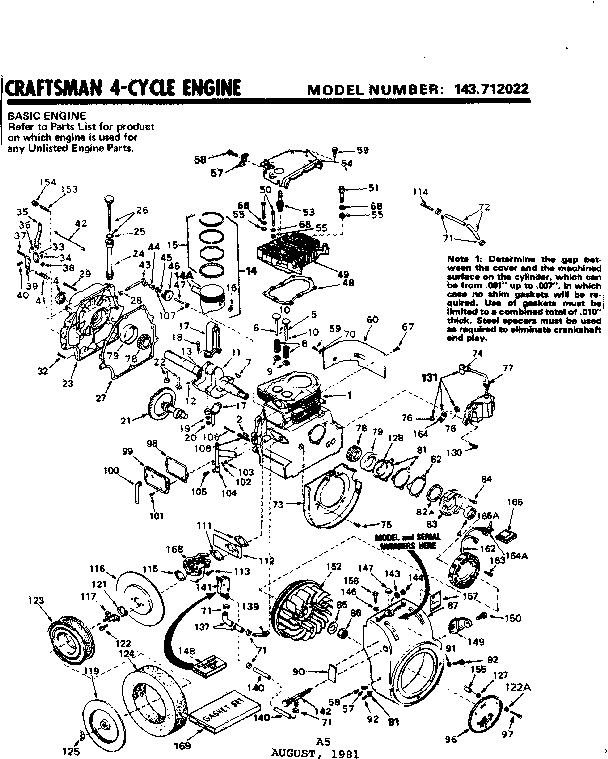 Replacement Parts Diagram and Parts List for 143712022  Craftsman Engine