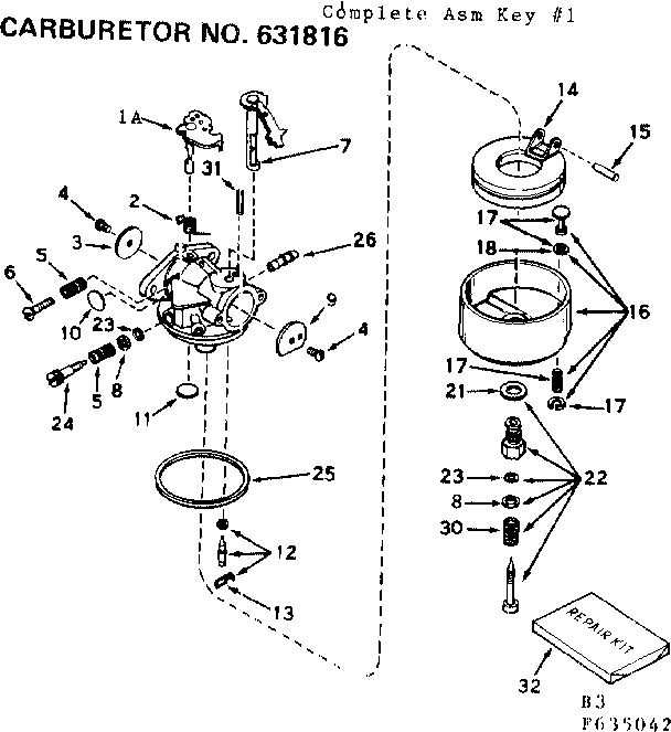 Carburetor No. 631816 Diagram and Parts List for 143635042  Craftsman Engine