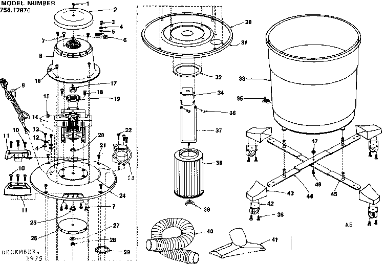 Base Assembly Diagram and Parts List for 75817870  Craftsman Utility Vacuum