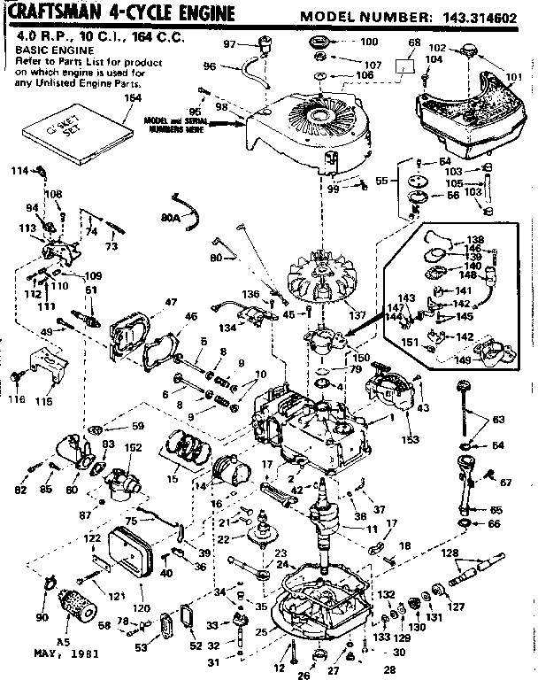 Replacement Parts Diagram and Parts List for 143314602  Craftsman Engine