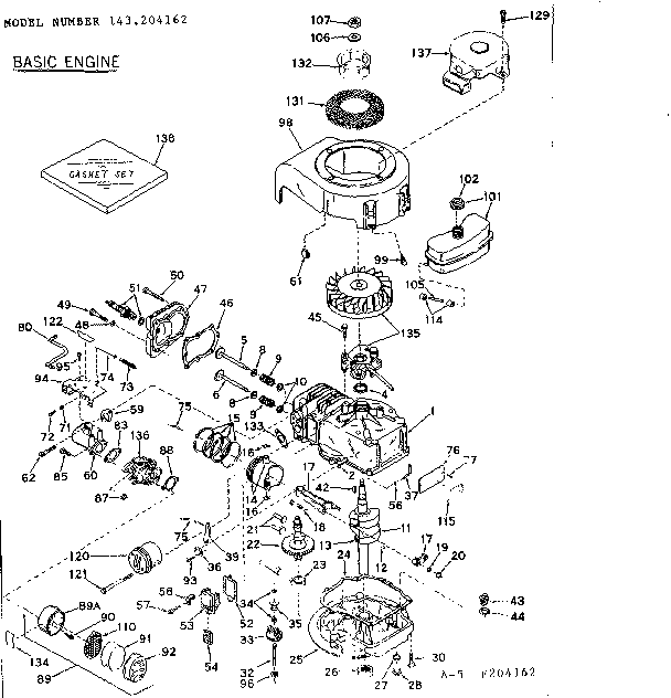 Basic Engine Diagram and Parts List for 143204162  Craftsman Engine