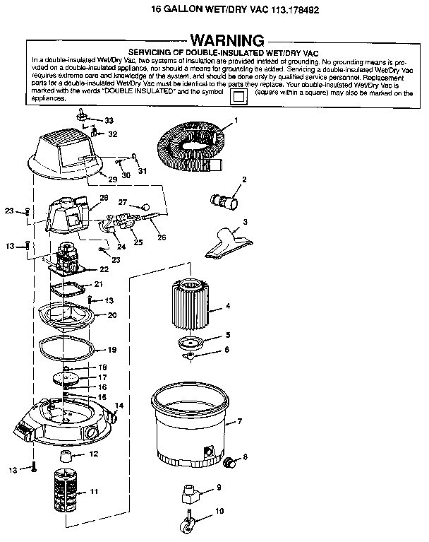 Unit Diagram and Parts List for 113178492  Craftsman Utility Vacuum