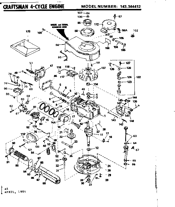Replacement Parts Diagram and Parts List for 143344412  Craftsman Engine