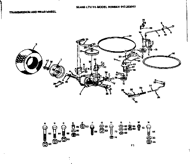 Transmission & Rear Wheel Diagram and Parts List for 917252643  Craftsman Lawn Tractor