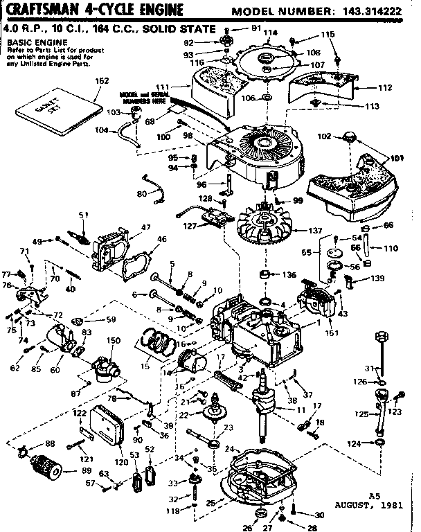 Replacement Parts Diagram and Parts List for 143314222  Craftsman Engine