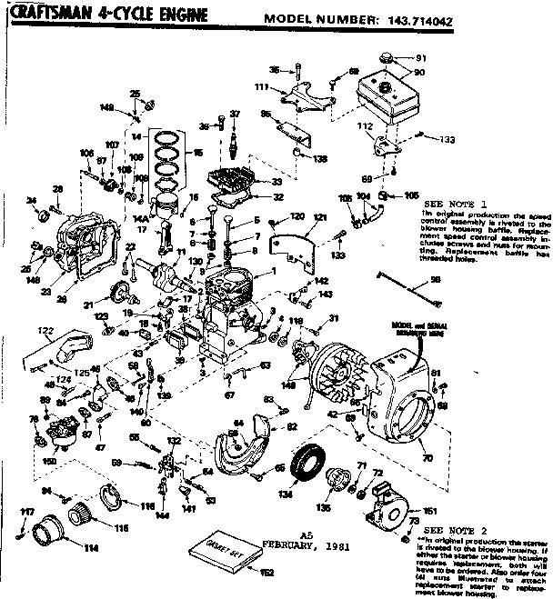 Replacement Parts Diagram and Parts List for 143714042  Craftsman Engine