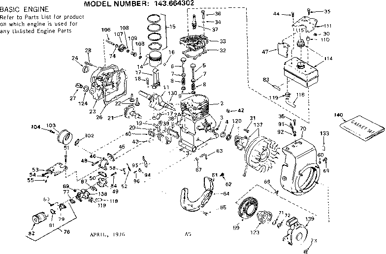 Replacement Parts Diagram and Parts List for 143664302  Craftsman Engine
