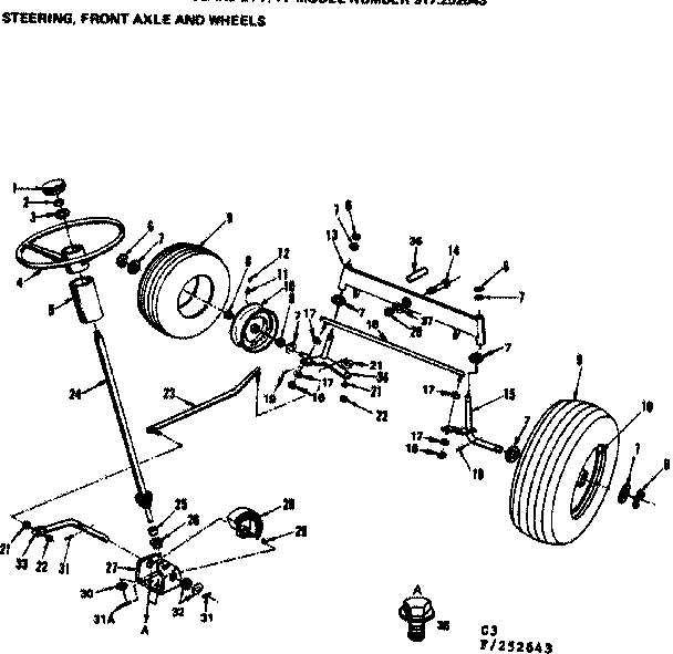 Steering Front Axle And Wheels Diagram and Parts List for 917252643  Craftsman Lawn Tractor