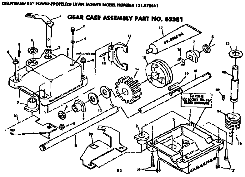 Gear Case Assembly Diagram and Parts List for 131978611  Craftsman Lawn Mower