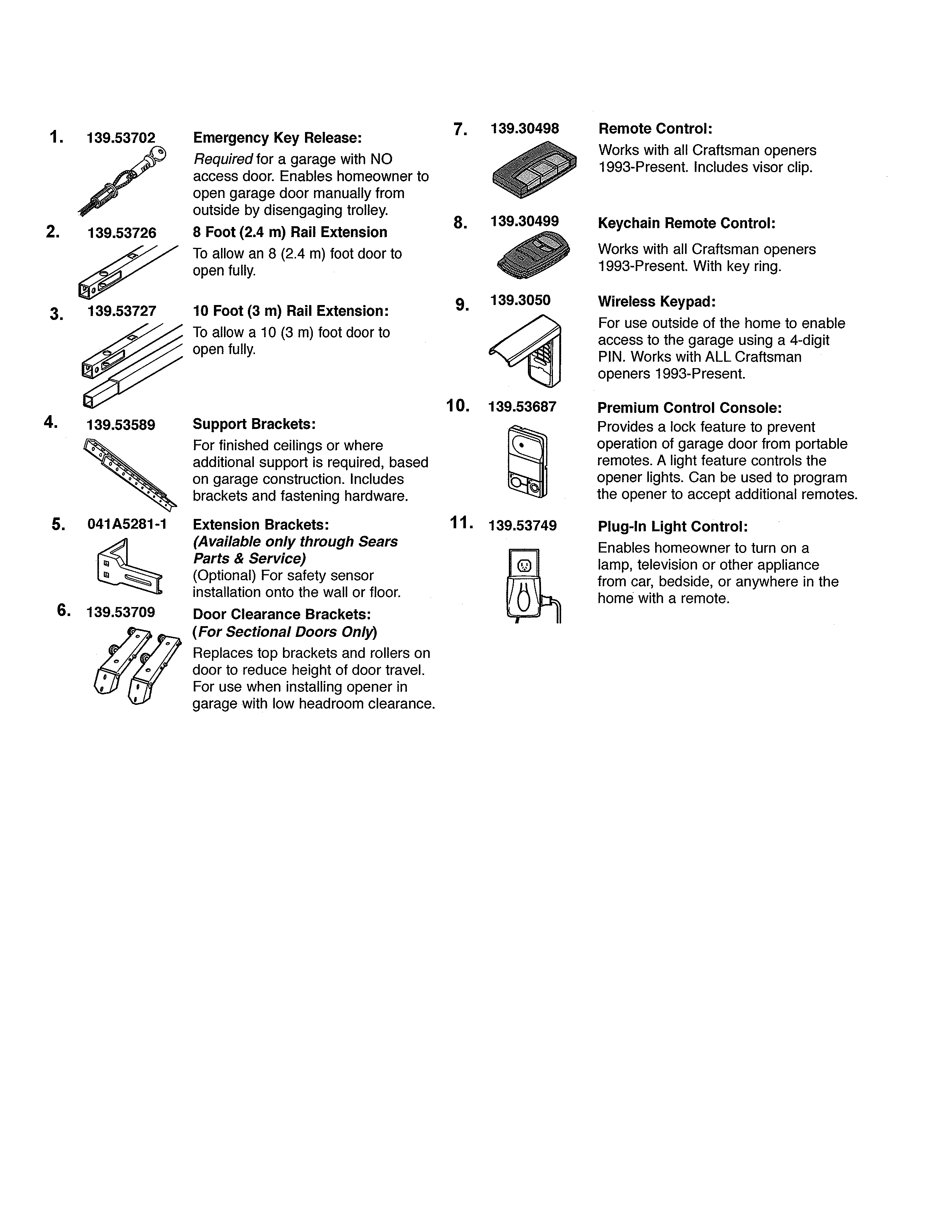 Accessories Diagram and Parts List for 13953930DM  Craftsman Garage Door Opener