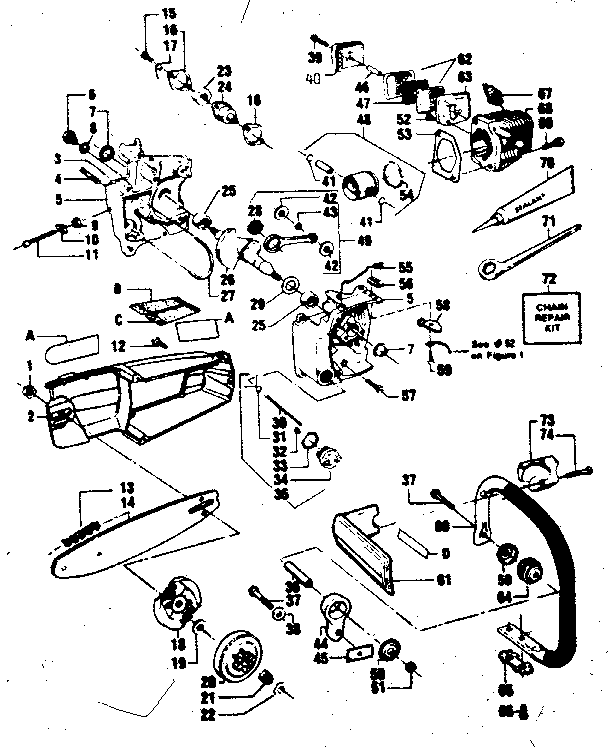 Main Frame Diagram and Parts List for 358355050  Craftsman Chainsaw