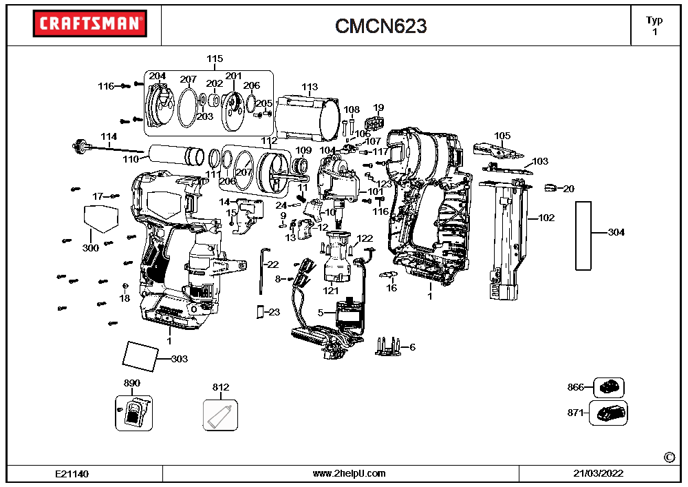 Diagram Diagram and Parts List for CMCN623C1 Type 1 Craftsman Nailer