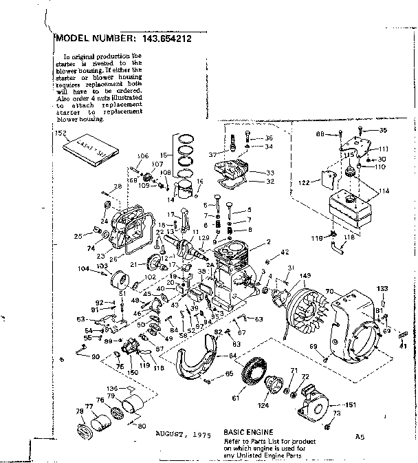 Replacement Parts Diagram and Parts List for 143654212  Craftsman Engine