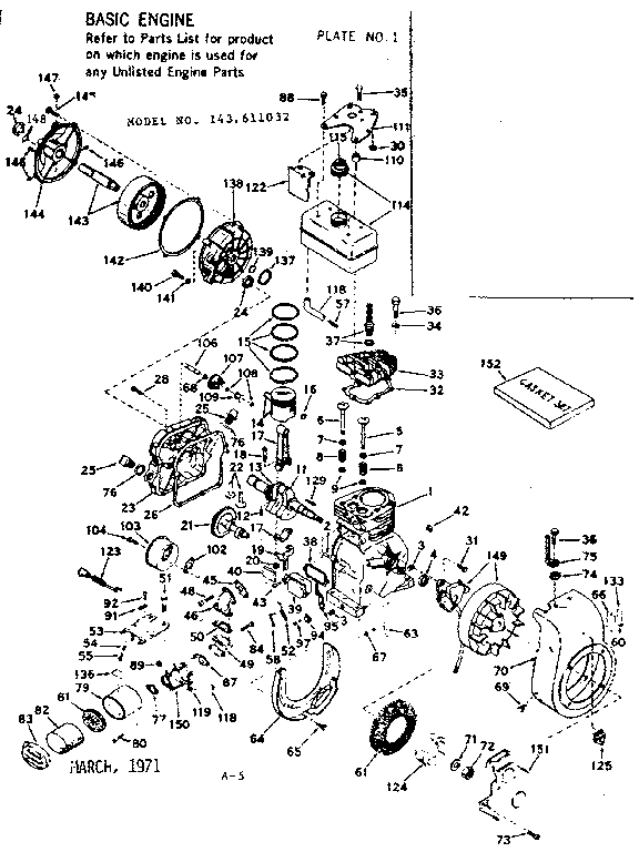 Basic Engine Diagram and Parts List for 143611032  Craftsman Engine