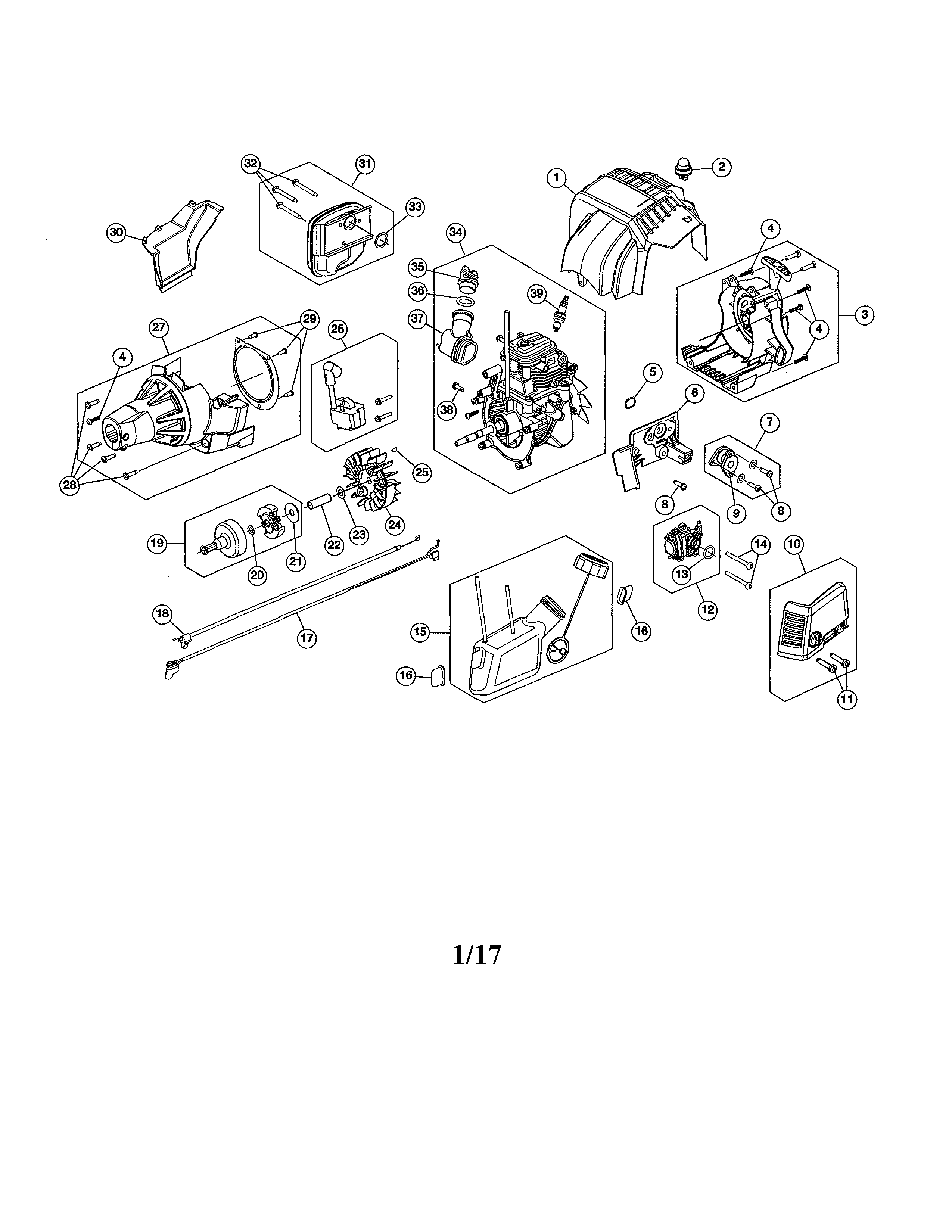 Short Block/fuel Tank/clutch Cover Diagram and Parts List for 316740970  Craftsman Trimmer