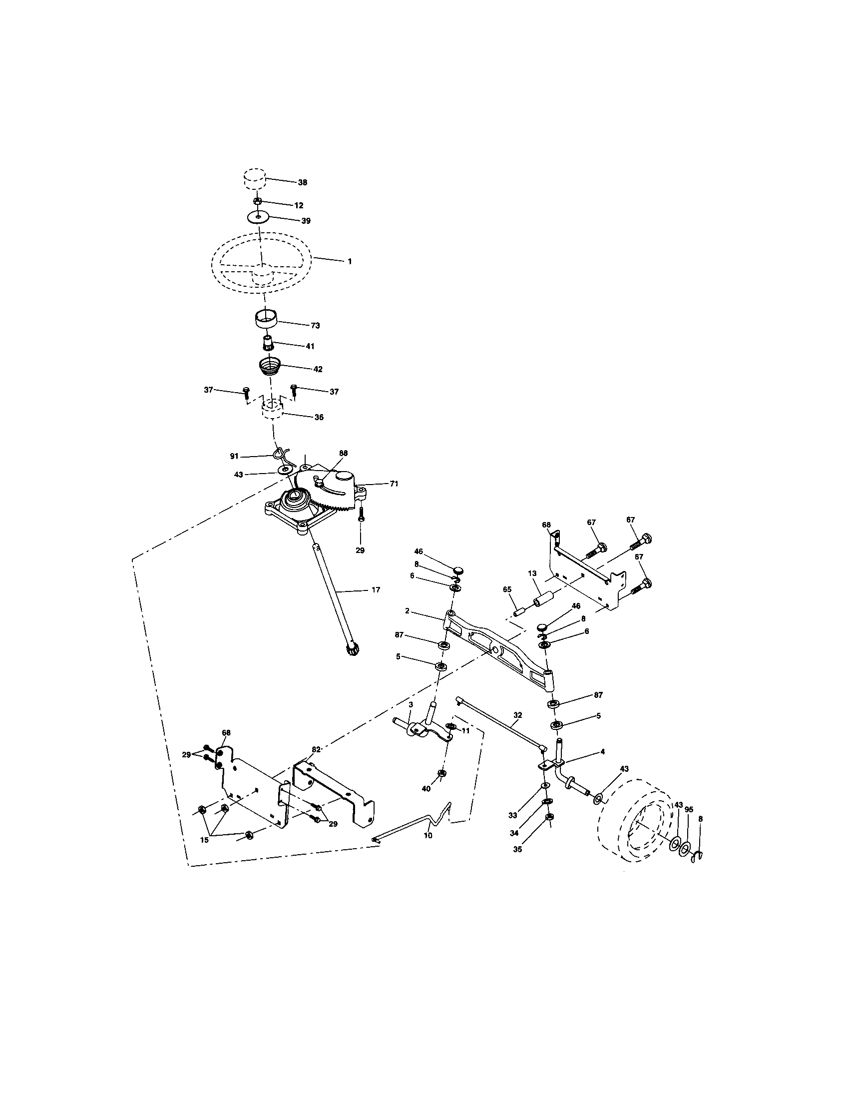 Steering Assembly Diagram and Parts List for 9172736401  Craftsman Lawn Tractor