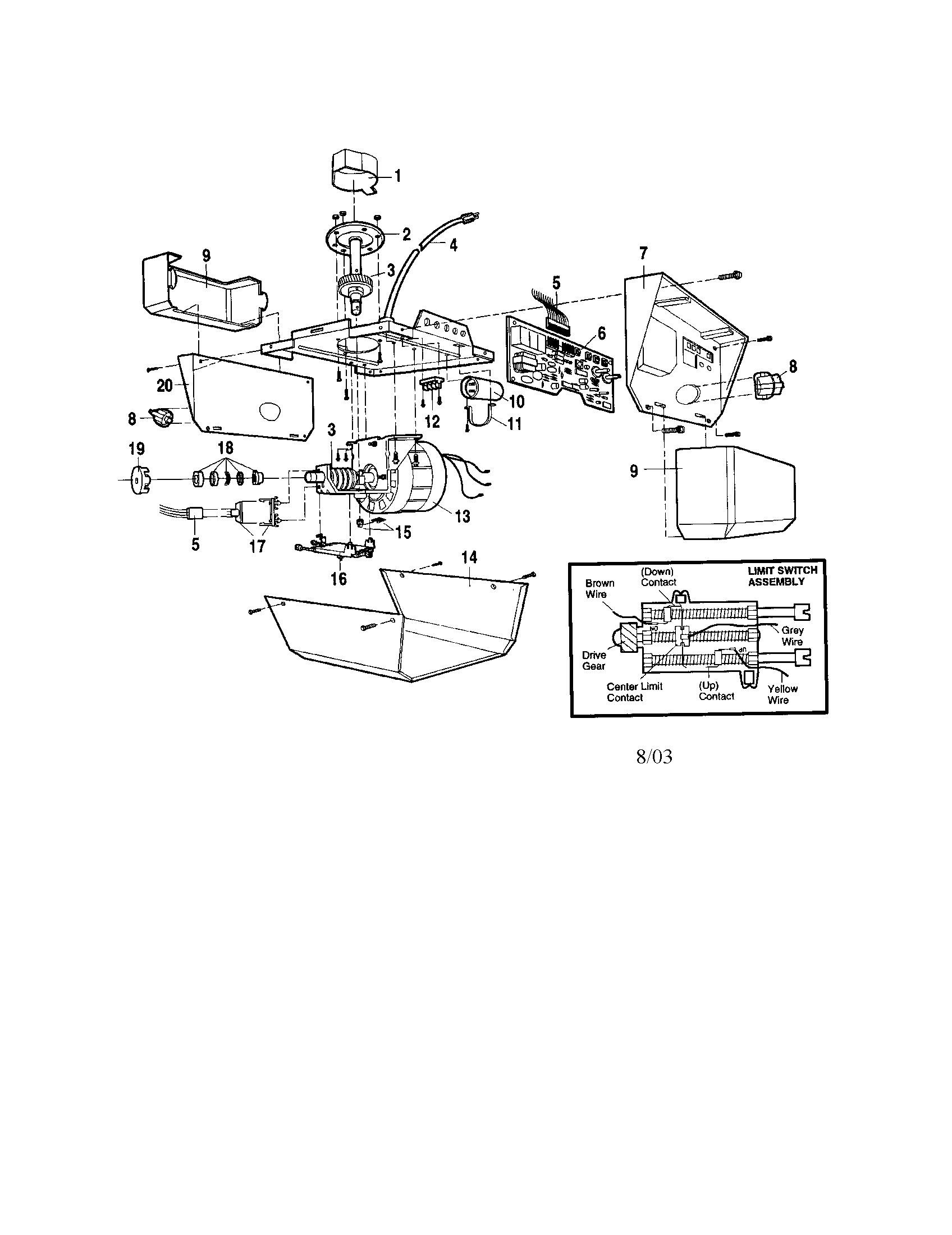 Motor Unit Assembly Diagram and Parts List for 1021499A  Craftsman Garage Door Opener