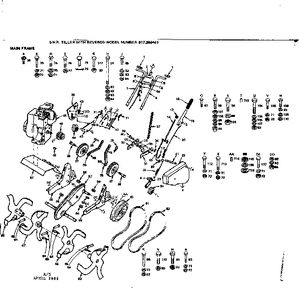 Main Frame Diagram and Parts List for 917299461  Craftsman Tiller