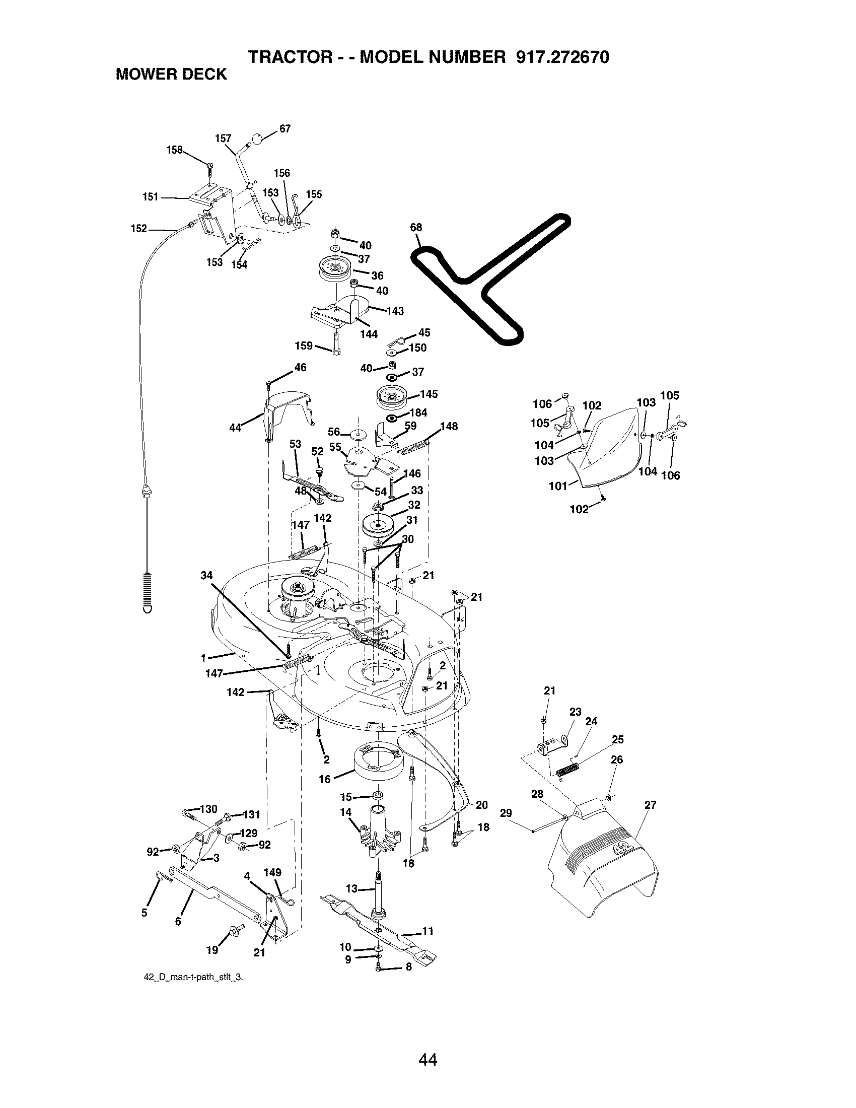 Mower Deck Diagram and Parts List for 917272670  Craftsman Lawn Tractor