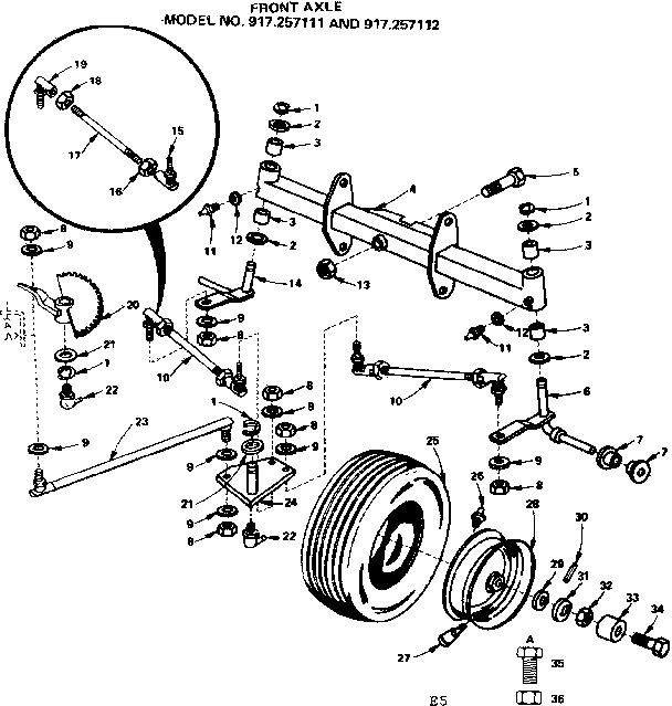 Front Axle Diagram and Parts List for 917257112  Craftsman Lawn Tractor