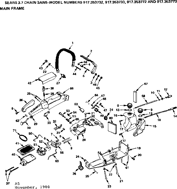 Main Frame Diagram and Parts List for 917353772  Craftsman Chainsaw