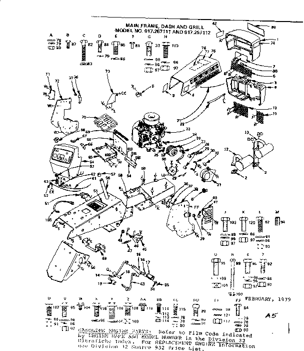 Main Frame, Dash And Grill Diagram and Parts List for 917257112  Craftsman Lawn Tractor