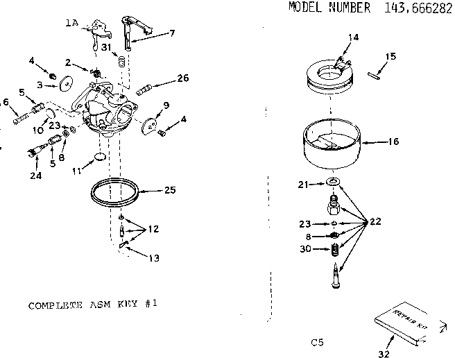 Carburetor Diagram and Parts List for 143666282  Craftsman Engine
