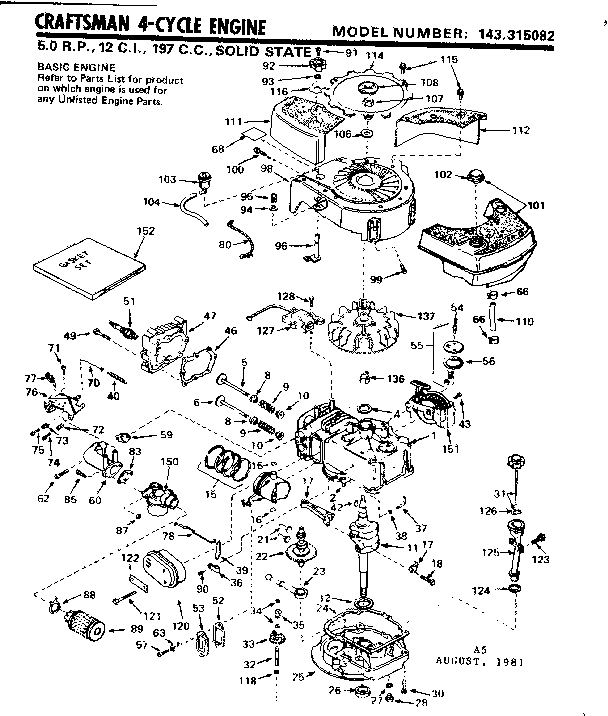 Replacement Parts Diagram and Parts List for 143315082  Craftsman Engine