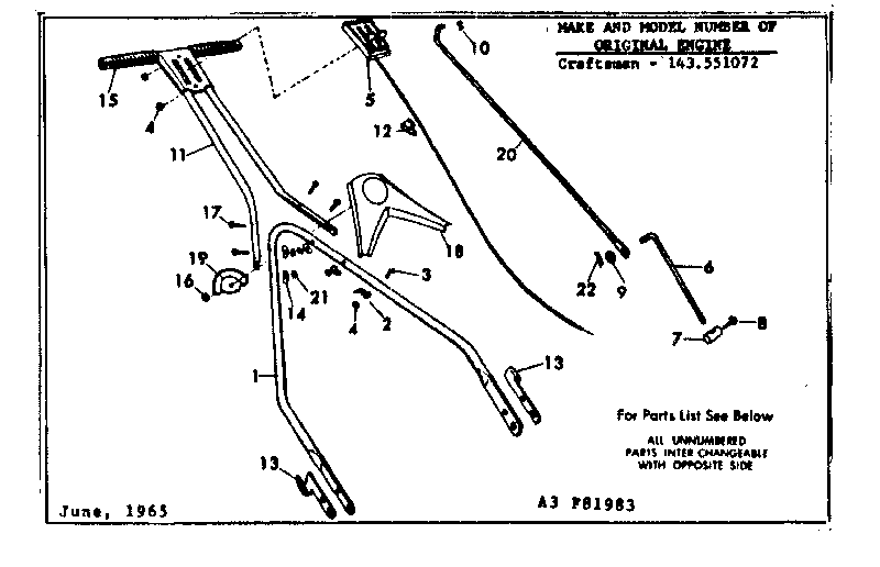 Handle Assembly Diagram and Parts List for 53681983  Craftsman Lawn Mower