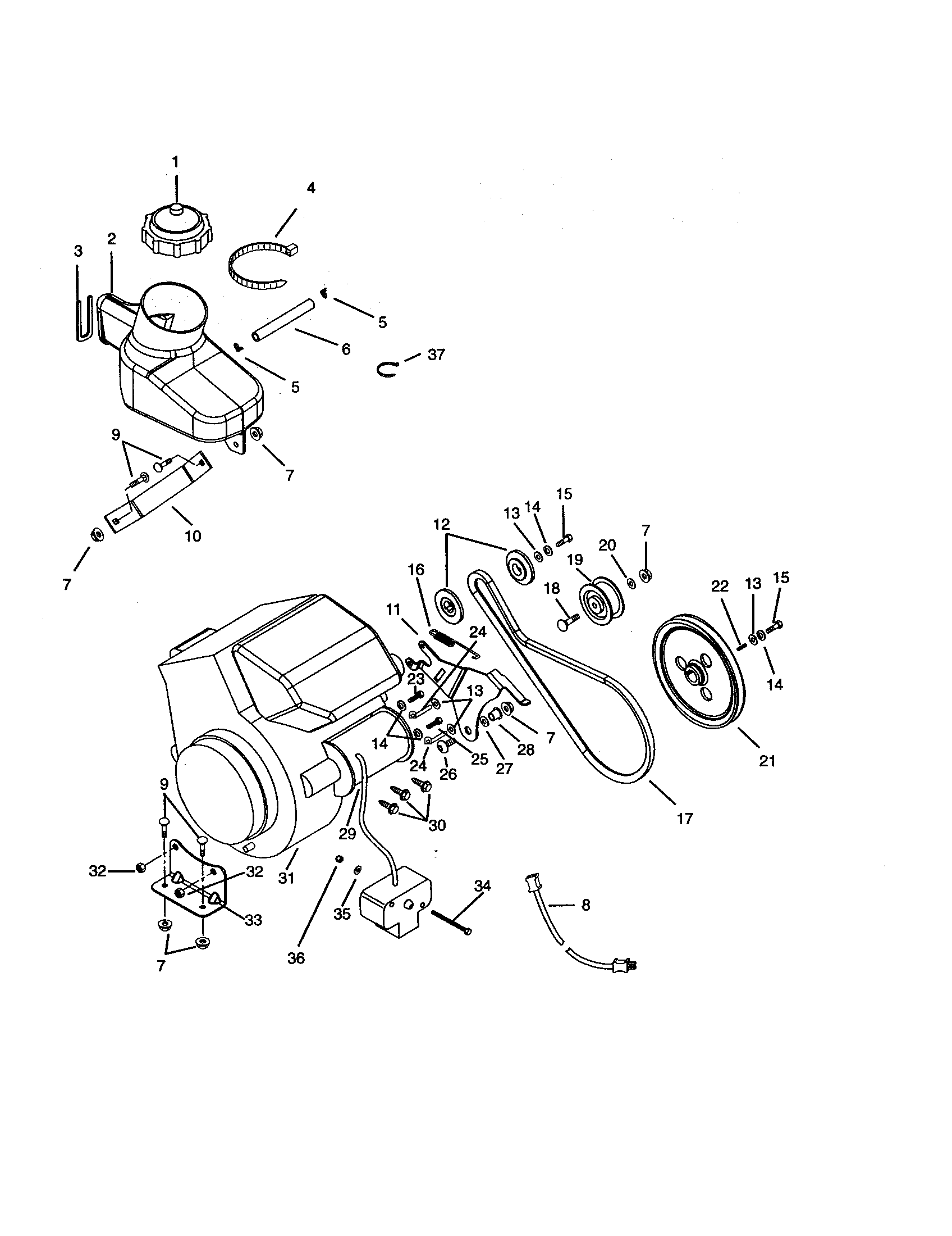 Engine And Drive Diagram and Parts List for 102938010  Craftsman Snow Blower