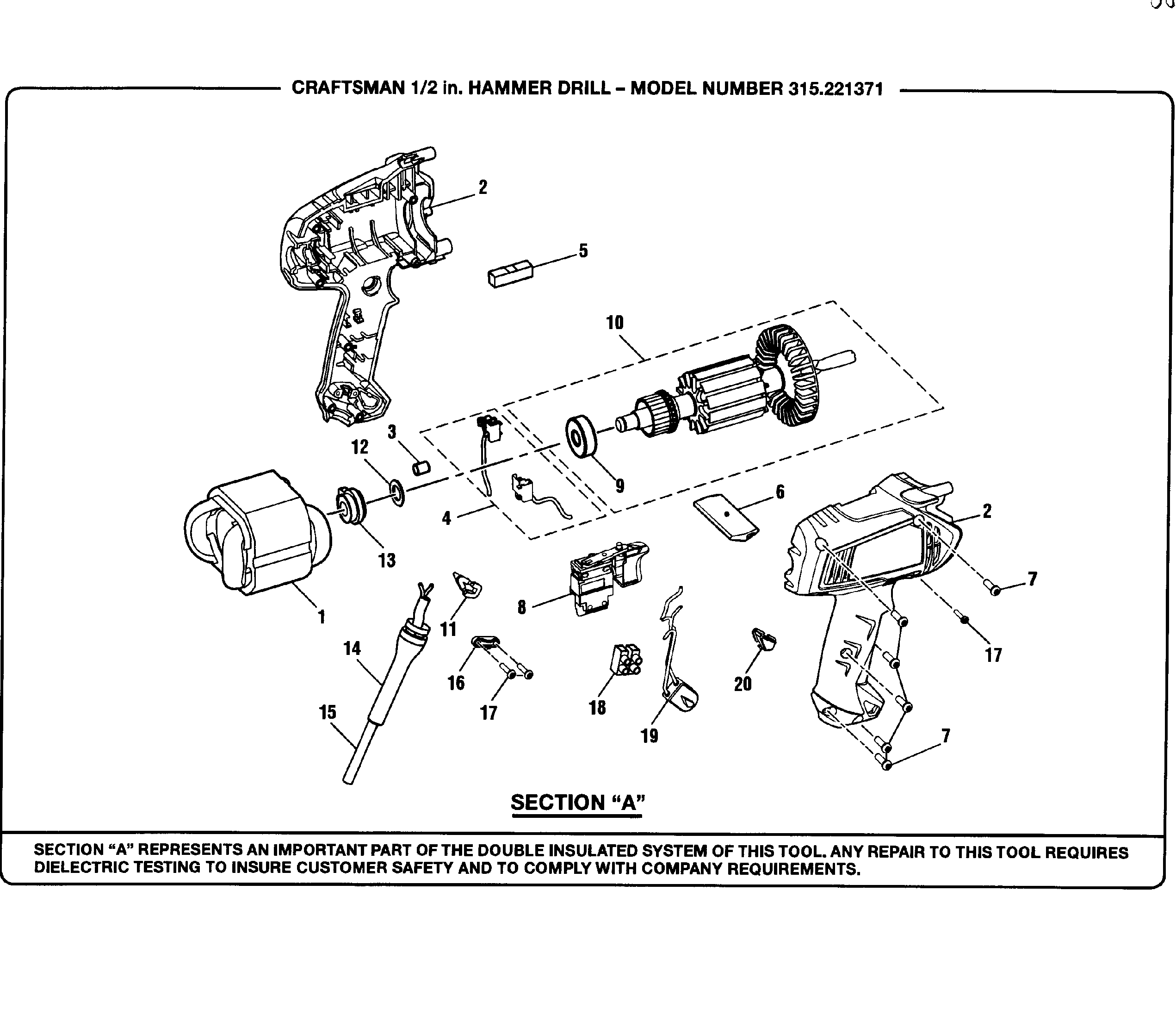 Motor Diagram and Parts List for 315221371  Craftsman Hammer Drill
