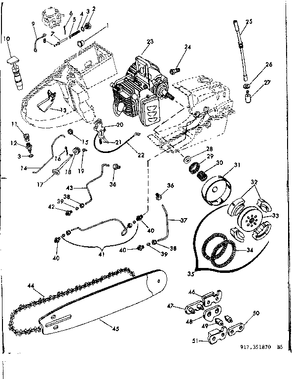 Engine Diagram and Parts List for 917351870  Craftsman Chainsaw