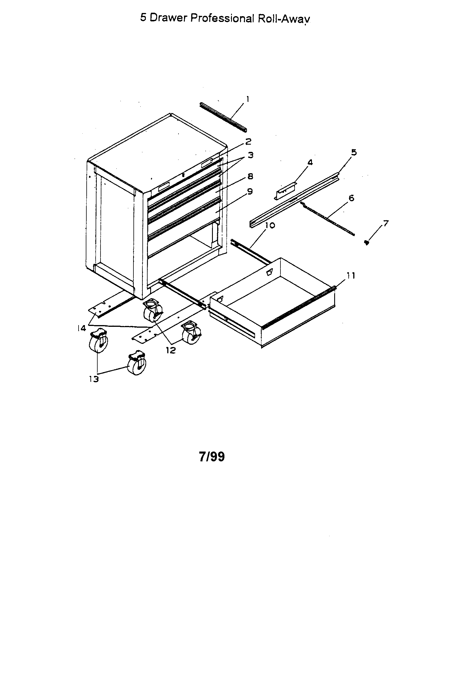 5 Drawer Professional Roll-away Diagram and Parts List for 706656050  Craftsman Tool Stand & Cart