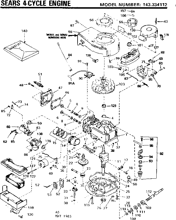 Replacement Parts Diagram and Parts List for 143334112  Craftsman Engine
