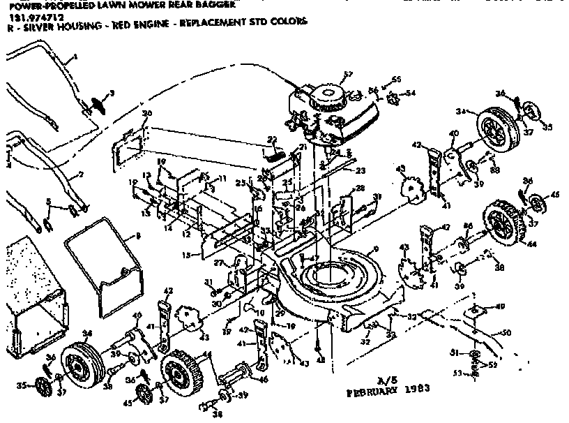 Mower Deck And Handle Assembly Diagram and Parts List for 131974712  Craftsman Lawn Mower