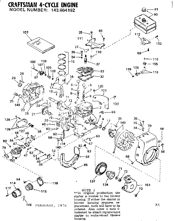 Replacement Parts Diagram and Parts List for 143664192  Craftsman Engine