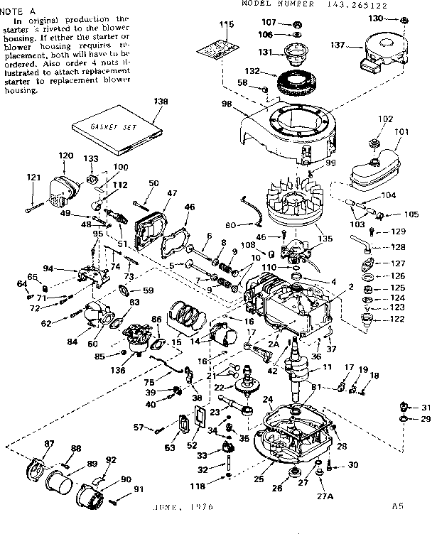 Replacement Parts Diagram and Parts List for 143265122  Craftsman Engine