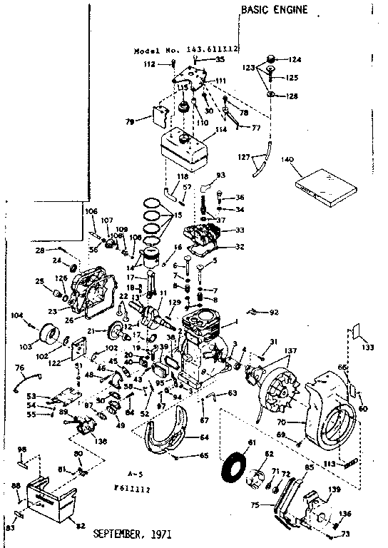 Basic Engine Diagram and Parts List for 143611112  Craftsman Engine