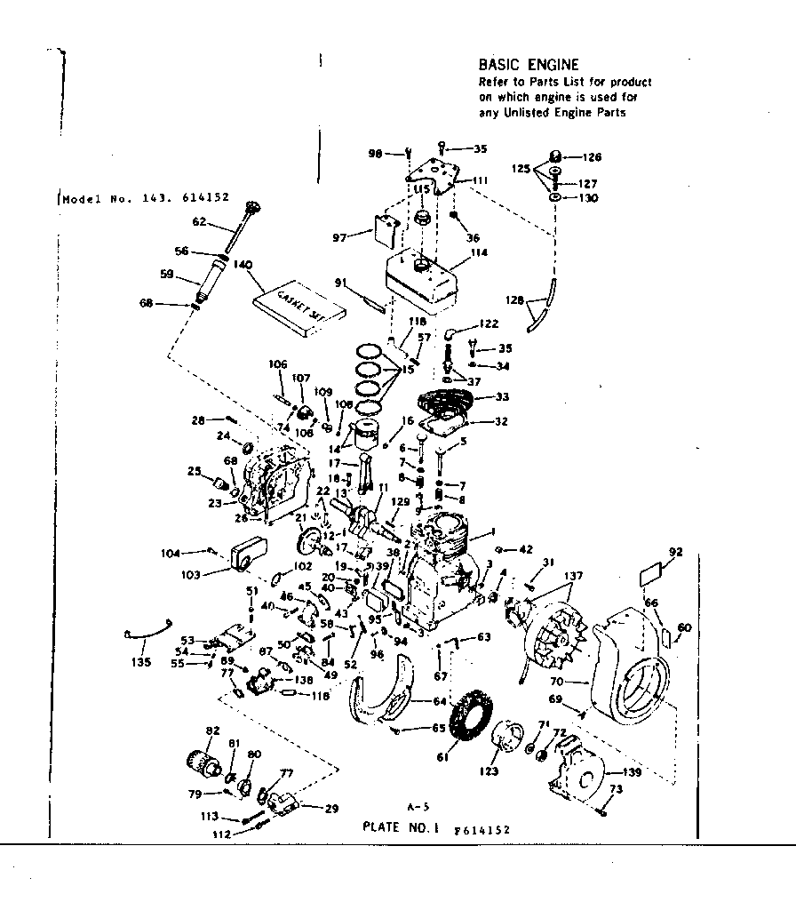 Basic Engine Diagram and Parts List for 143614152  Craftsman Engine