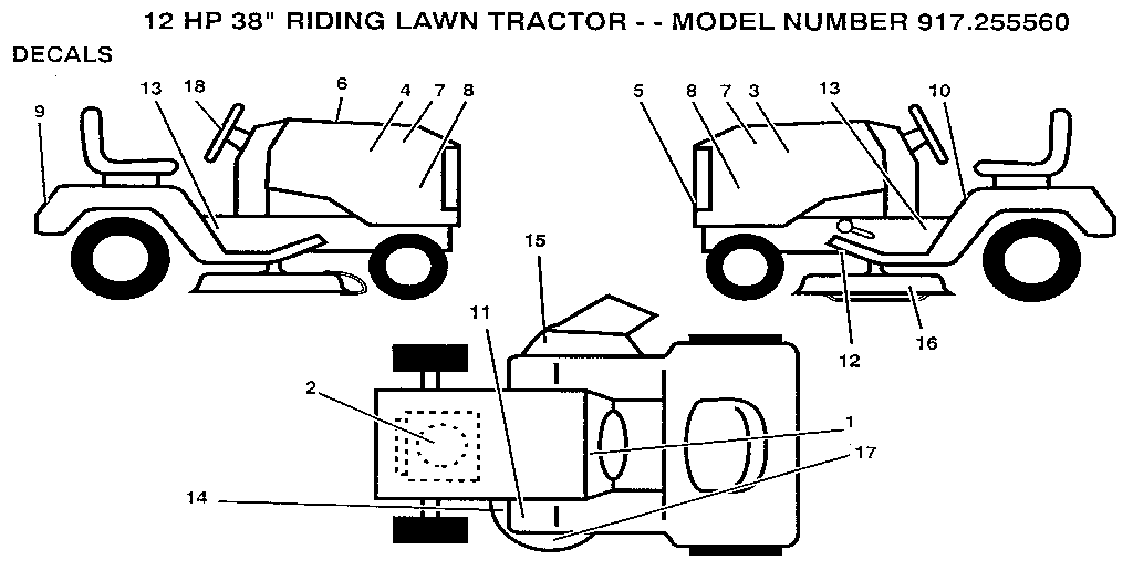 Decals Diagram and Parts List for 917255560  Craftsman Lawn Tractor