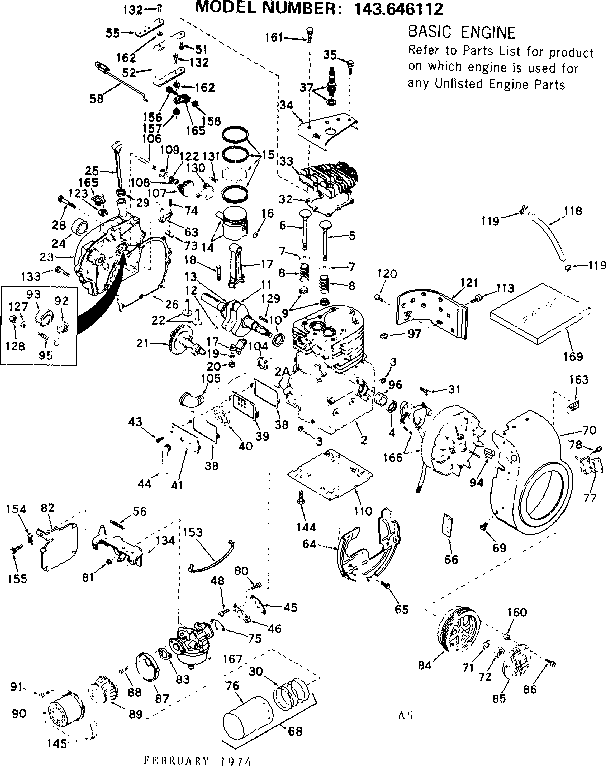 Basic Engine Diagram and Parts List for 143646112  Craftsman Engine