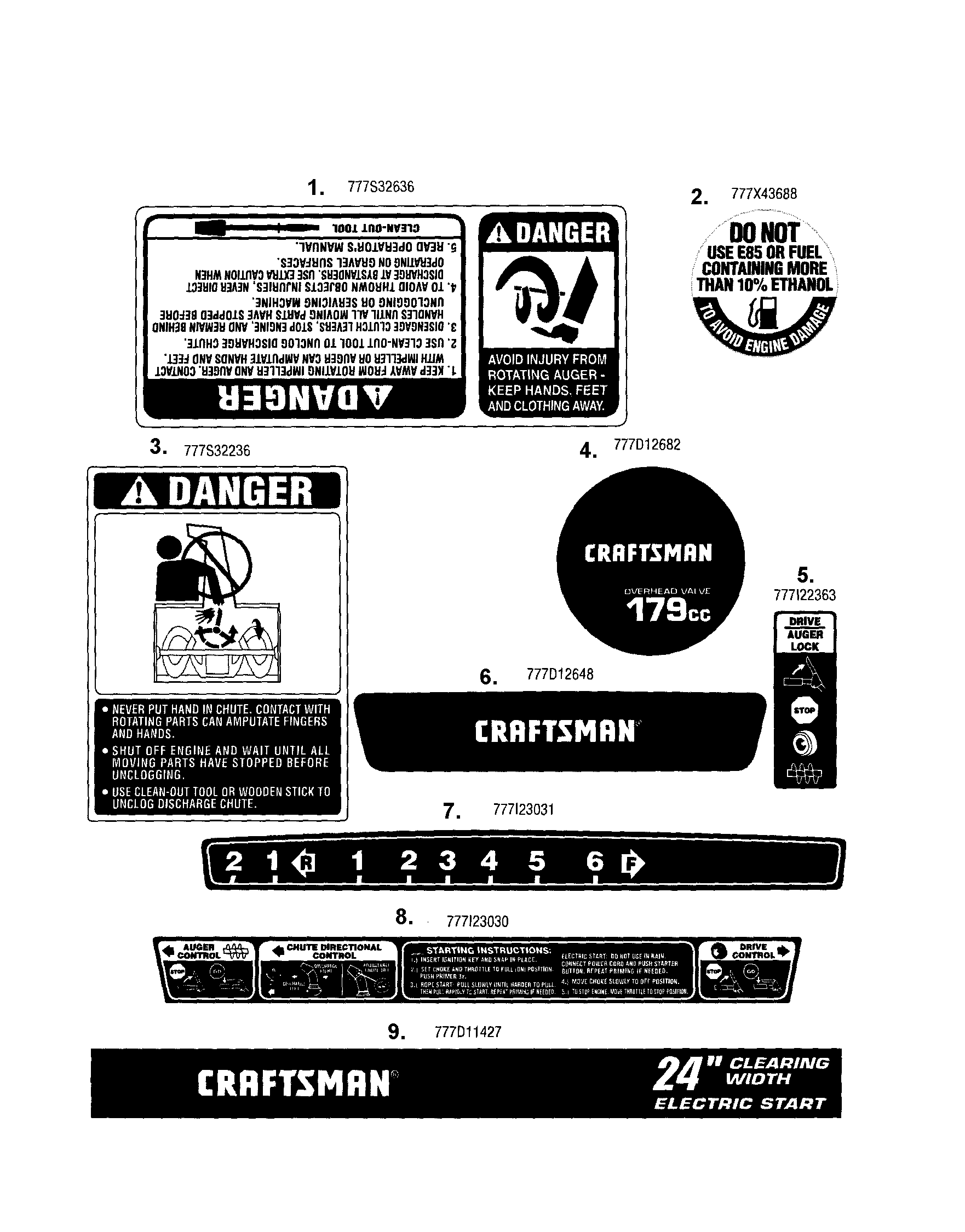 Decals Diagram and Parts List for 247889570  Craftsman Snow Blower