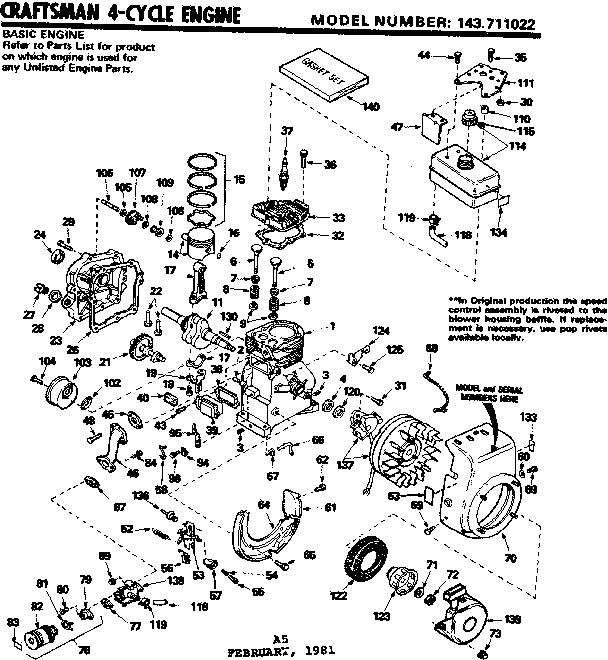 Replacement Parts Diagram and Parts List for 143711022  Craftsman Engine