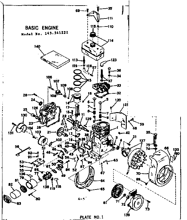 Basic Engine Diagram and Parts List for 143541222  Craftsman Engine