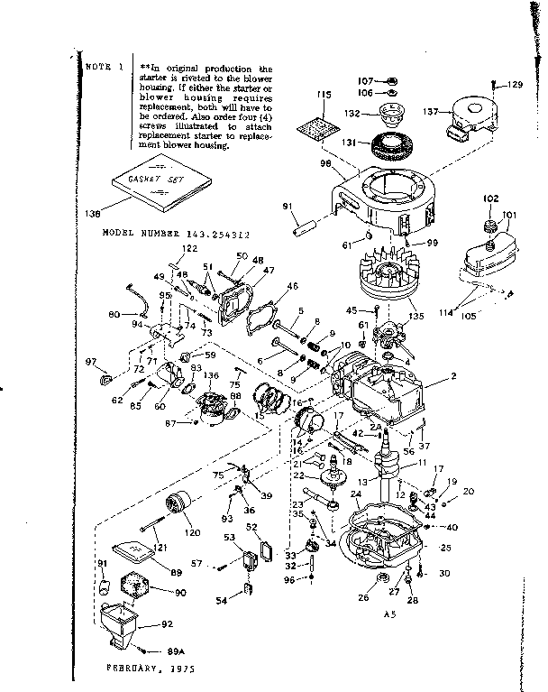 Engine Diagram and Parts List for 143254312  Craftsman Engine